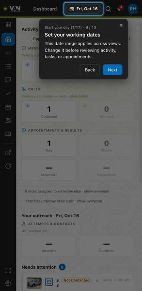 Screenshot: Set your working dates