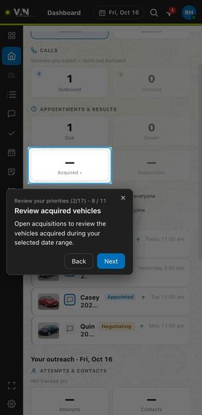 Screenshot: Review acquired vehicles