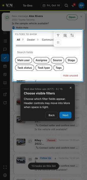 Screenshot: Choose visible filters