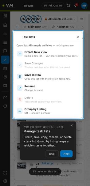 Screenshot: Manage task lists