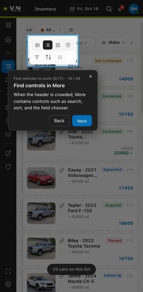 Screenshot: Find controls in More