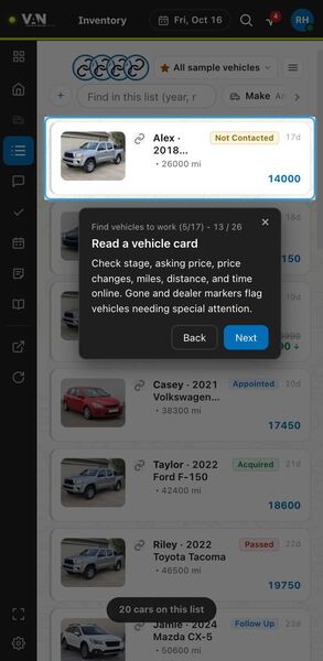 Screenshot: Read a vehicle card