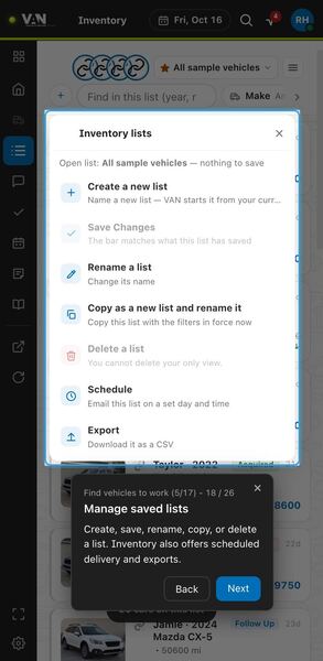Screenshot: Manage saved lists