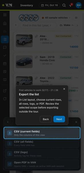 Screenshot: Export the list