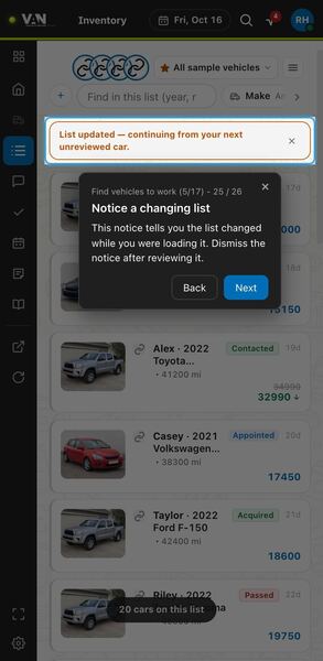 Screenshot: Notice a changing list