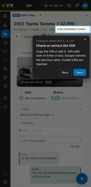 Screenshot: Check or correct the VIN