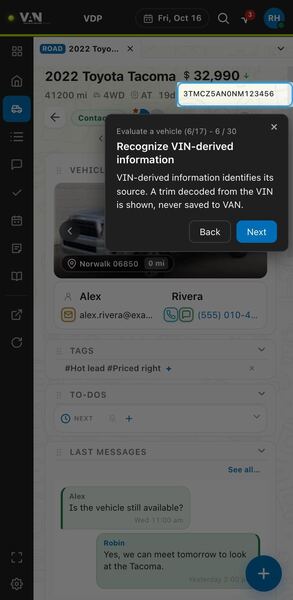 Screenshot: Recognize VIN-derived information