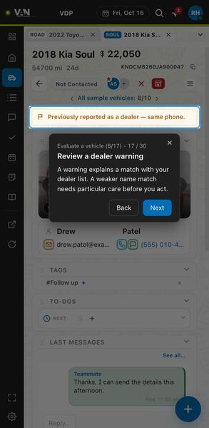 Screenshot: Review a dealer warning