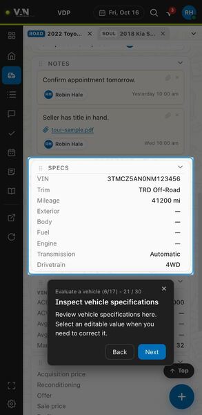 Screenshot: Inspect vehicle specifications