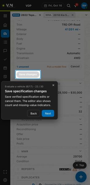 Screenshot: Save specification changes