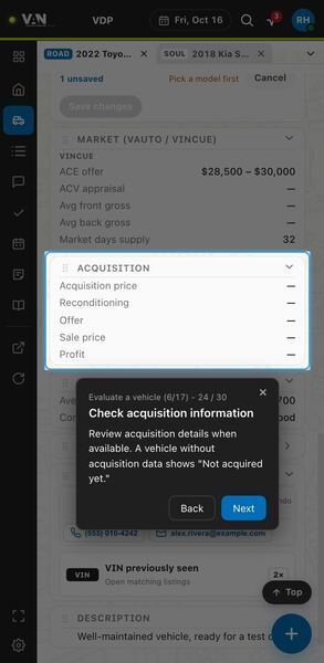 Screenshot: Check acquisition information