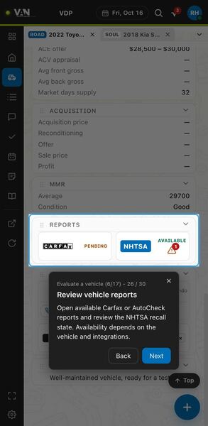 Screenshot: Review vehicle reports