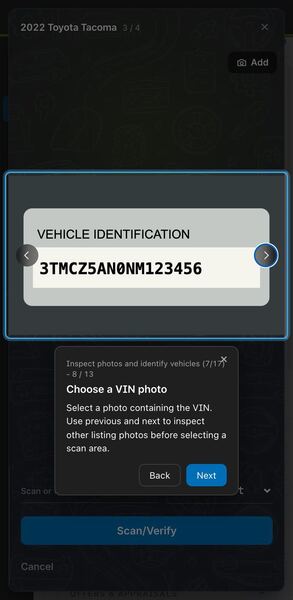 Screenshot: Choose a VIN photo