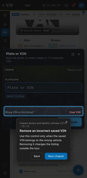 Screenshot: Remove an incorrect saved VIN