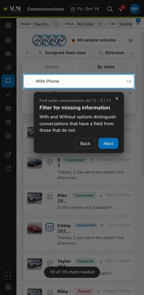 Screenshot: Filter for missing information
