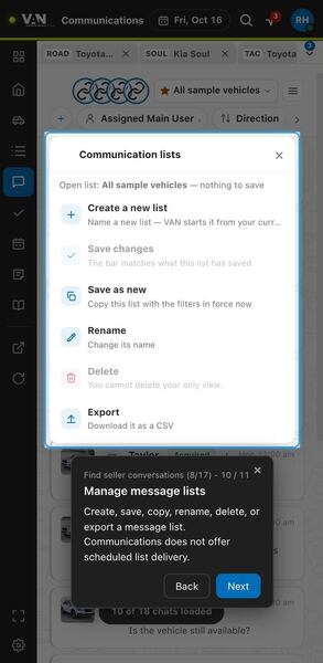 Screenshot: Manage message lists