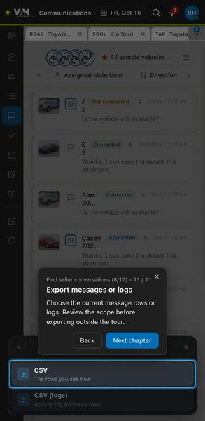 Screenshot: Export messages or logs