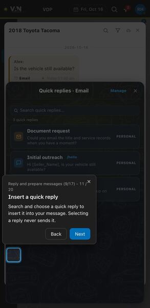 Screenshot: Insert a quick reply