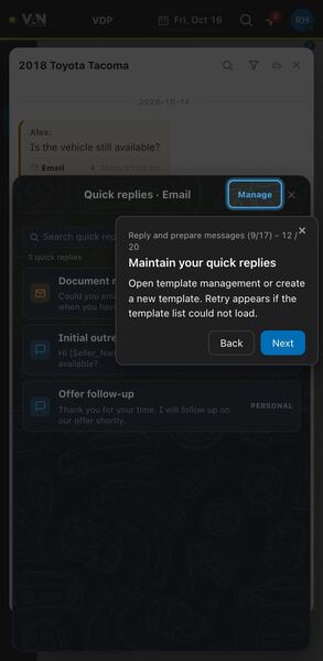 Screenshot: Maintain your quick replies