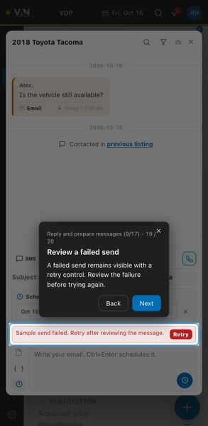 Screenshot: Review a failed send