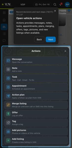 Screenshot: Open vehicle actions