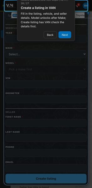 Screenshot: Create a listing in VAN
