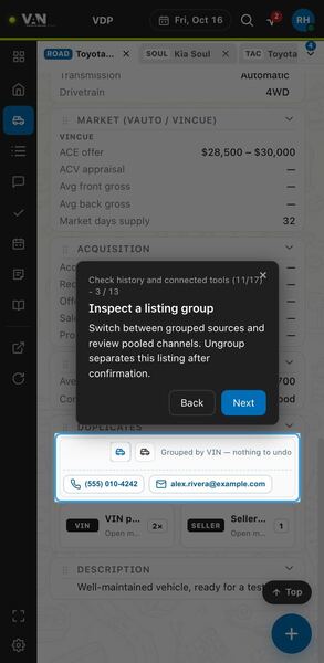 Screenshot: Inspect a listing group