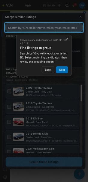 Screenshot: Find listings to group