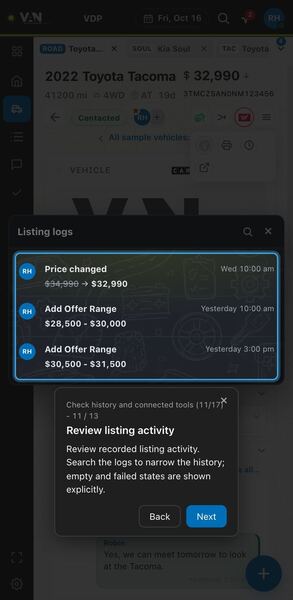 Screenshot: Review listing activity