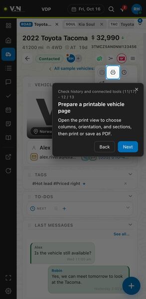 Screenshot: Prepare a printable vehicle page