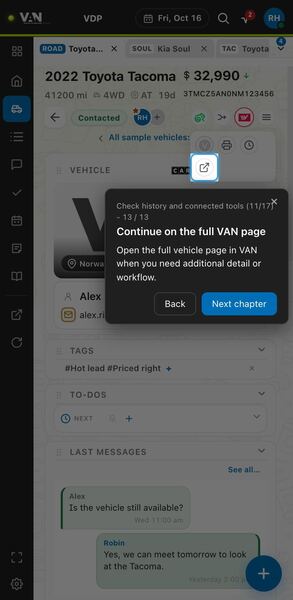 Screenshot: Continue on the full VAN page