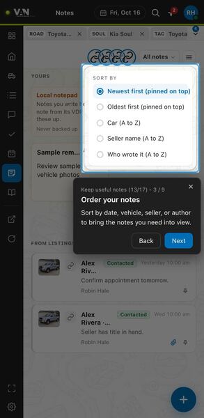 Screenshot: Order your notes
