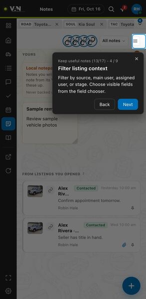 Screenshot: Filter listing context