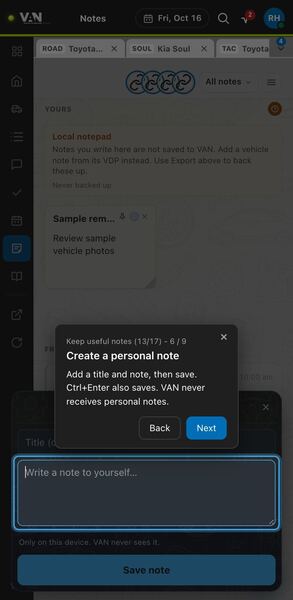 Screenshot: Create a personal note