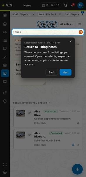 Screenshot: Return to listing notes