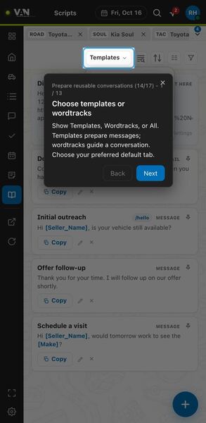 Screenshot: Choose templates or wordtracks