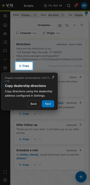 Screenshot: Copy dealership directions
