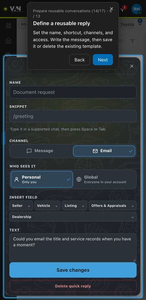 Screenshot: Define a reusable reply