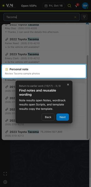 Screenshot: Find notes and reusable wording