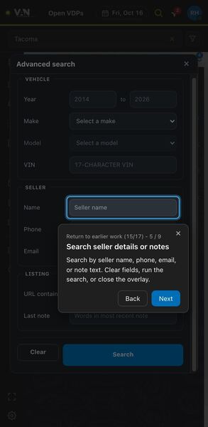 Screenshot: Search seller details or notes