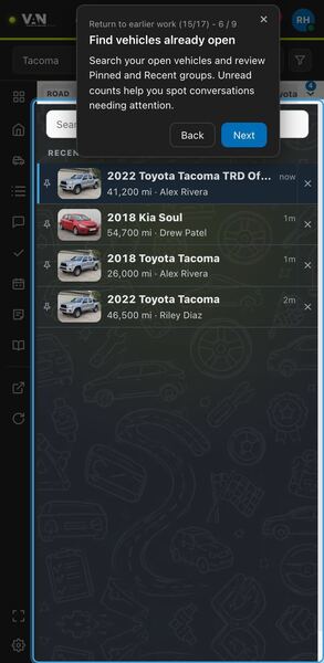 Screenshot: Find vehicles already open