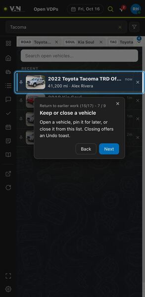 Screenshot: Keep or close a vehicle