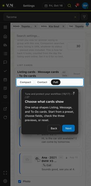 Screenshot: Choose what cards show