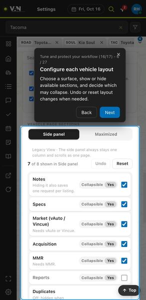 Screenshot: Configure each vehicle layout