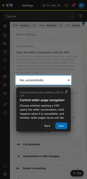 Screenshot: Control seller-page navigation