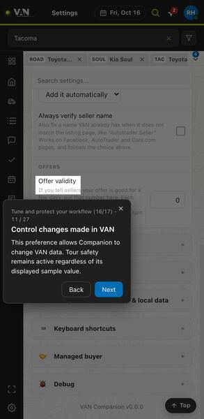 Screenshot: Control changes made in VAN