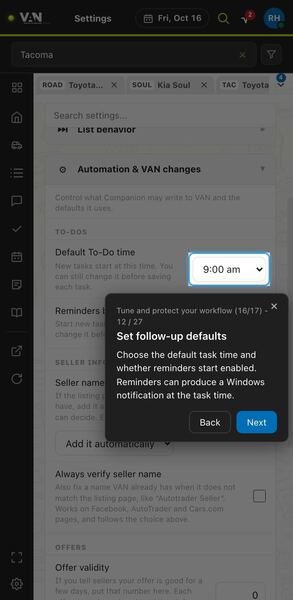 Screenshot: Set follow-up defaults
