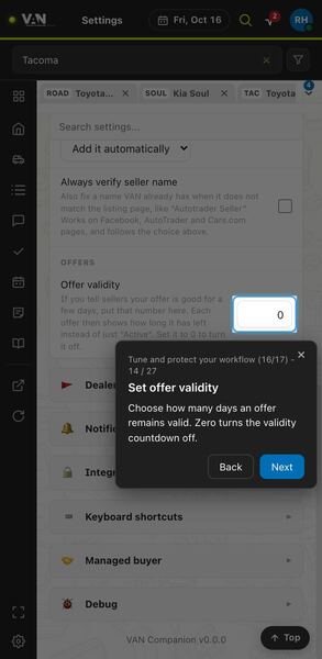 Screenshot: Set offer validity