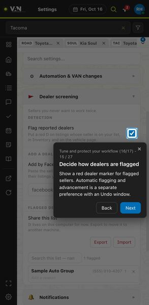 Screenshot: Decide how dealers are flagged
