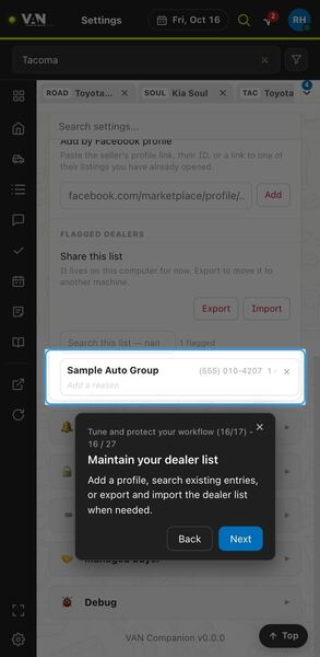 Screenshot: Maintain your dealer list